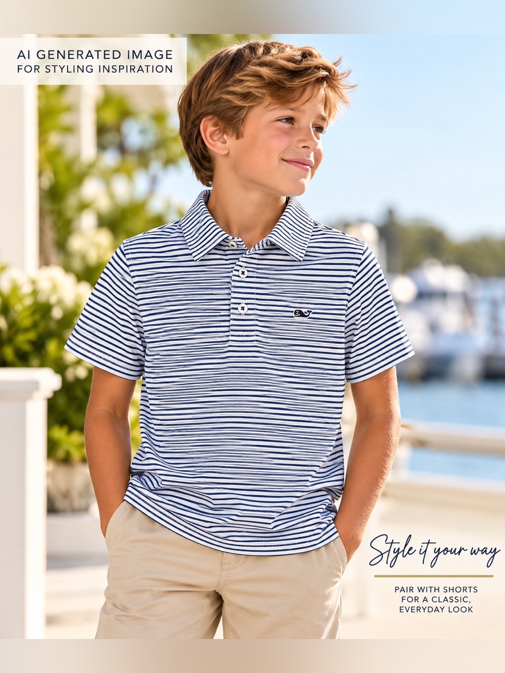 Vineyard Vines Boys S On-The-Go Sankaty Polo Blue White Stripe Performance